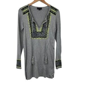 Hale Bob Bohemian Tunic Knit Top Womens M Gray Tassel Tie Neck Long sleeve‎